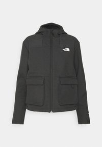 Giacca zip-up grigia scura con cappuccio, due tasche frontali e un logo bianco nella parte superiore sinistra del petto. Tessuto dalla consistenza liscia.