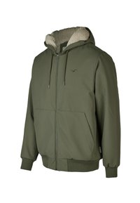 Olive green zip-up hoodie with a soft, cream fur-lined hood, elastic cuffs, two front pockets, and a small logo on the chest.