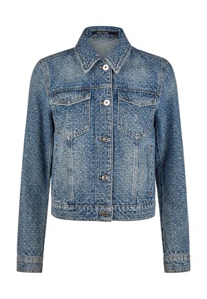 Blue denim jacket with silver speckled pattern, front button closure, two chest pockets with flaps, and a pointed collar.