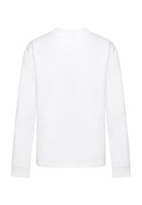 Langarmiges weißes Baumwoll-T-Shirt mit Rundhalsausschnitt und geradem Schnitt. Verfügt über genähte Bündchen und Saum. Keine sichtbaren Logos oder Muster.