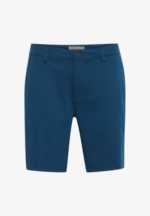 Dunkelblaue Shorts aus glattem Material, mit einem Knopfverschluss, Gürtelschlaufen und zwei vorderen Taschen im Standard-Maß.