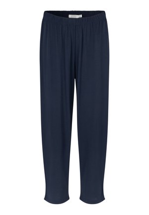 Marineblauwe, lichte, elastische broek met een relaxte pasvorm en zijslits aan de onderkant voor meer bewegingsvrijheid. Soepele textuur.