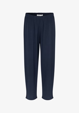 Pantalones elásticos de color azul marino, ligeros, con cintura relajada y aberturas en los laterales del dobladillo para mayor facilidad de movimiento. Textura suave.