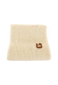 Accessoire tricoté de couleur crème avec des rayures texturées et un petit logo en cuir marron "B". Matériau doux avec une forme rectangulaire.