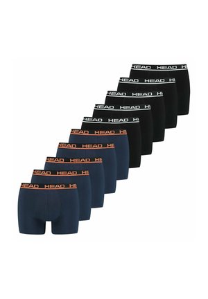 Cinque paia di boxer blu navy con elastici arancioni "HEAD" e cinque paia di boxer neri con elastici bianchi "HEAD" disposti in due file.
