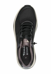 Black athletic shoe with a textured mesh upper, rounded toe, elastic laces, and a cushioned sole featuring a contrasting light-colored accent.