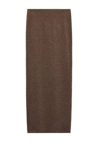 Jupe mi-longue brune en tissu doux avec une texture lisse et des lignes simples et épurées. Pas de motifs ni de décorations visibles.