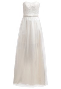 Abito bianco senza spalline con un corpino in pizzo e una gonna in tulle trasparente e fluida. Presenta una cintura in satin. Tessuto liscio in tutto l'abito.