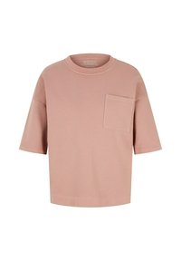 Kortärmad, lös passform t-shirt i ljusrosa bomull med rund halsringning och en enda bröstficka. Slät textur, avslappnad design.