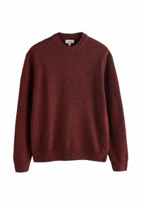 Men’s medium-sized maroon speckled knit sweater with crew neck and ribbed cuffs and hem, labeled "Signature."