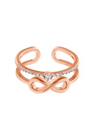 Anello in oro rosa con un simbolo dell'infinito e una pietra centrale, adornato da una fila di piccole pietre trasparenti lungo una banda. Design aperto.