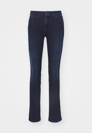 Karcsúsított, sötétkék farmernadrág sima textúrával, egyenes szárú kialakítással, öt zsebbel és gombos derékzárral.