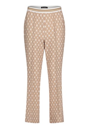 Beige gemusterte Hose mit einem leichten geometrischen Design, ausgestattet mit einem elastischen Bund und einem glatten Stofffinish. Gerader Schnitt.