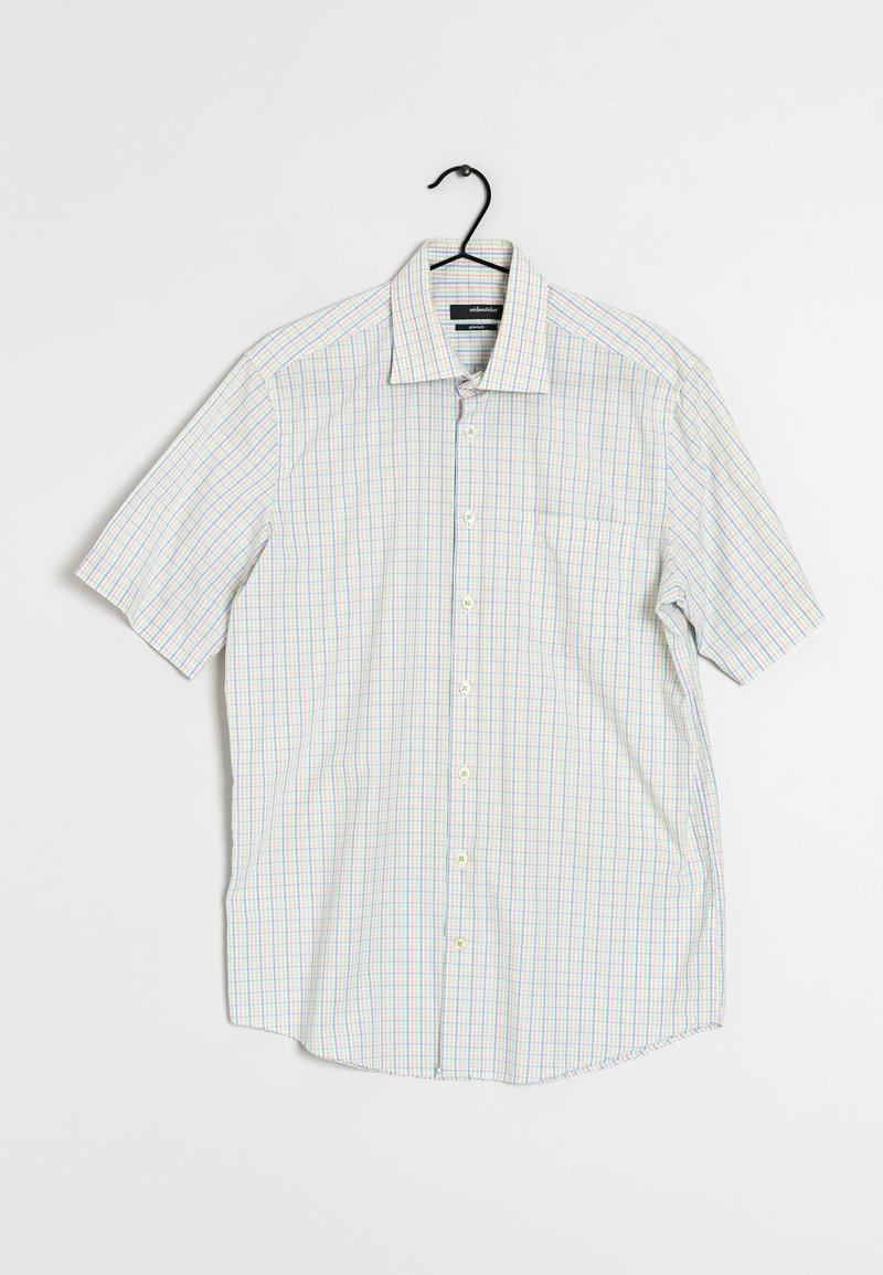 Chemise à manches courtes avec un motif à carreaux multicolores. Confectionnée en tissu léger, avec une poche sur le côté gauche.