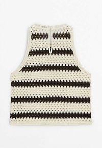 Krochettitop i krämfärg med mörkbruna ränder, med hög hals och nyckelhålsöppning på baksidan. Texturerad öppet stickad design.
