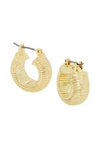 Gold-tone hoop earrings with a ribbed texture, featuring a polished finish and hinged post closure. Notable dimensions enhance the design.