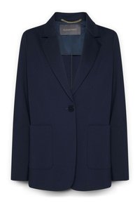 Blazer blu navy con chiusura a un bottone, due tasche a pattina anteriormente, revers a punta e dettaglio a catena nel colletto interno.