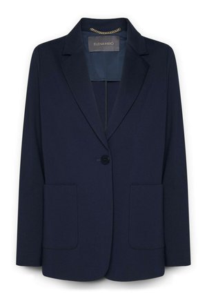 Tummansininen bleiseri, jossa on yksi napitus, kaksi etupaneelikoteloa, lovet nikaat ja ketjuviyje sisäkauluksessa.