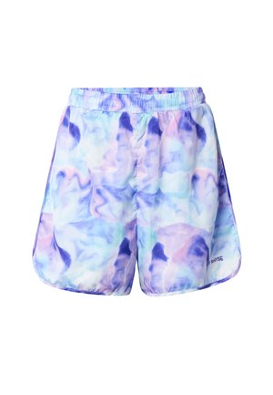 Pantaloncini sportivi leggeri con cintura elastica, caratterizzati da un motivo tie-dye in tonalità pastello di blu, viola e rosa, e piccole aperture laterali.