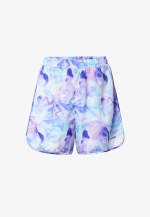 Lehké sportovní šortky s elastickým pasem, zdobené pastelovým tie-dye vzorem v modré, fialové a růžové barvě a malými bočními rozparky.