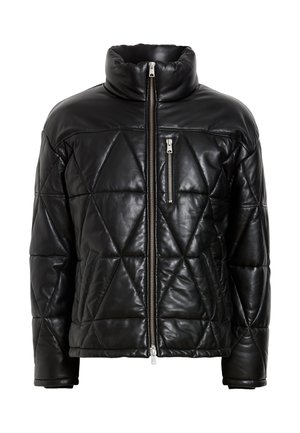 Sort quilted læderjakke med en høj krave, der har en frontlynlås og horisontale sidelommer. Fremhævet af diamantformede mønstre.