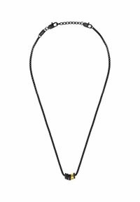 Collana nera con catena di perline, caratterizzata da tre accenti circolari: due neri e uno dorato. Design semplice con chiusura a gancio.