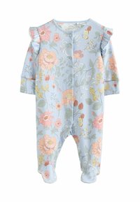 Un body pour bébé à motif floral en bleu clair, doté de manches longues, d'accents à volants sur les épaules et d'une fermeture à pression sur le devant.