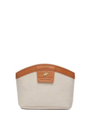 Pochette in tessuto beige intrecciato con rifiniture in pelle marrone e logo Beverly Hills Polo Club impresso in rilievo al centro davanti.