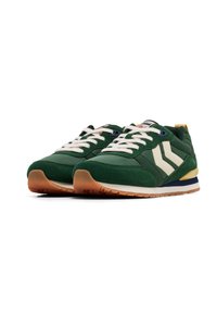 Green athletic shoes featuring a combination of suede and textile materials, white accents, and a gum rubber sole with a multi-layer design.