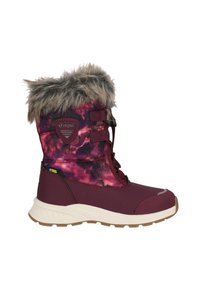 Bordeaux sneeuwboot met bontafwerking, voorzien van een kleurrijk melkwegpatroon. Waterdicht materiaal, vetersluiting en stevige rubberen zool.