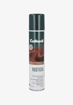 Spray impermeabilizante con un tapón verde y etiqueta blanca. El texto incluye "Collonil Classic" y "Rustical" para cuero rústico.