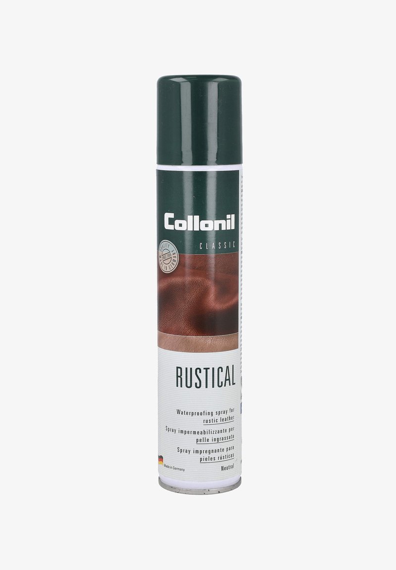 Spray impermeabilizante con un tapón verde y etiqueta blanca. El texto incluye "Collonil Classic" y "Rustical" para cuero rústico.
