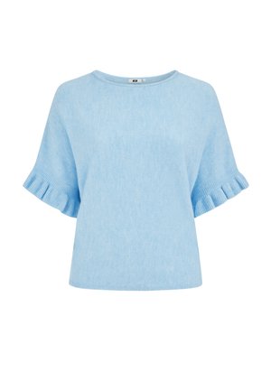 Pull bleu clair à manches courtes avec une texture douce et des manches à volants. Col rond avec une coupe décontractée. Lignes simples et épurées.