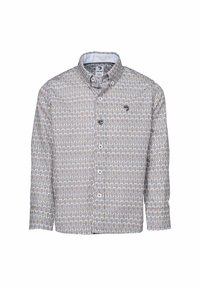 Lange mouw blouse van een lichte stof met een repetitief geometrisch patroon in oranje, grijs en wit, voorzien van een klassieke kraag.