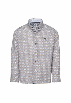 Chemise à manches longues avec boutons en tissu léger, arborant un motif géométrique répétitif en orange, gris et blanc, et dotée d'un col classique.