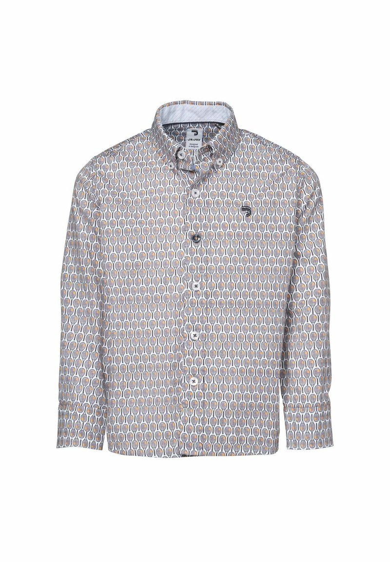 Lange mouw blouse van een lichte stof met een repetitief geometrisch patroon in oranje, grijs en wit, voorzien van een klassieke kraag.