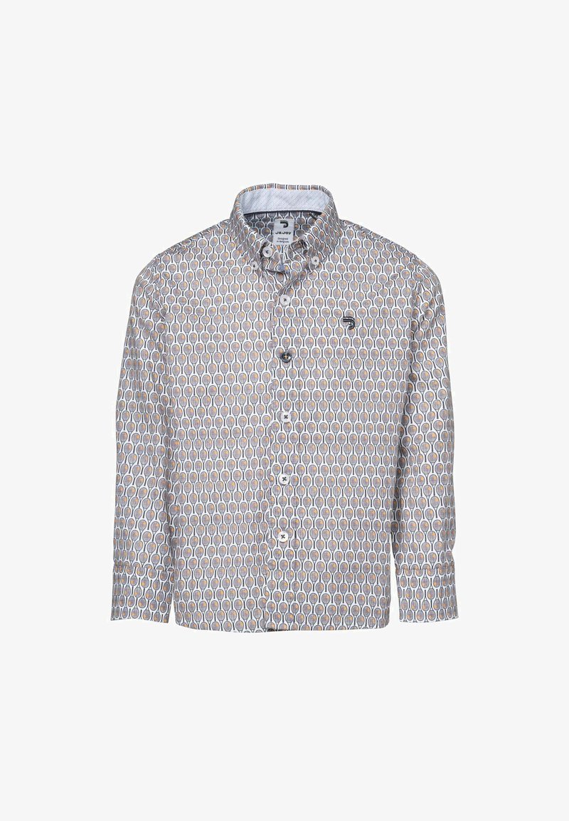 Lange mouw blouse van een lichte stof met een repetitief geometrisch patroon in oranje, grijs en wit, voorzien van een klassieke kraag.