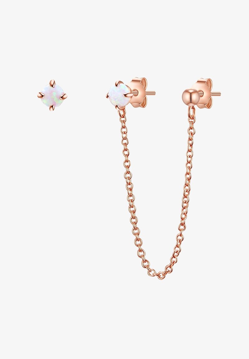 Rose gold stud earrings featuring an opal stone set in a claw design, connected by a delicate chain link to an additional stud.