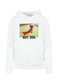 Hanorac alb cu un grafic al unui personaj de desene animate în formă de cârnat, purtând o pălărie roșie și o haină albastră, cu textul "HOT DOG" dedesubt. Material moale, stil pulover.