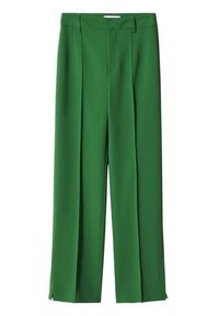 Green wide-leg trousers made of smooth fabric, featuring front pleats, a tailored waistband, and a straight cut with slight side slits.