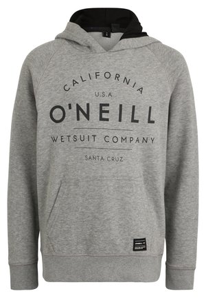 Felpa grigia con accenti neri, dotata di tasca frontale e grande testo stampato: "California U.S.A. O'Neill Wetsuit Company Santa Cruz."