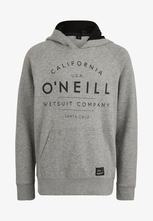 Grå hættetrøje med sorte detaljer, der har en frontlomme og stort trykt tekst: "California U.S.A. O'Neill Wetsuit Company Santa Cruz."