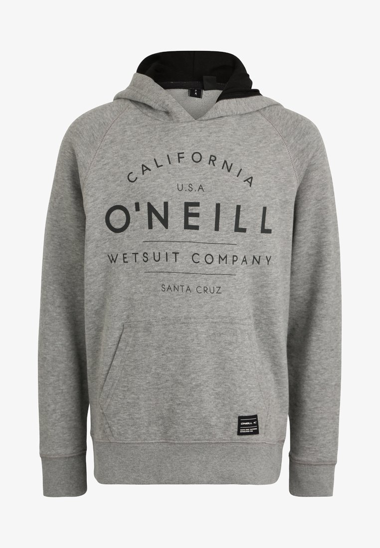 Sweat à capuche gris avec des accents noirs, doté d'une poche avant et d'un grand texte imprimé : "California U.S.A. O'Neill Wetsuit Company Santa Cruz."