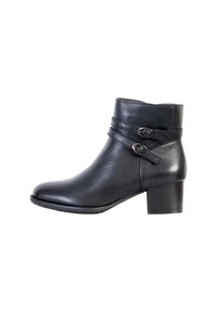Black leather ankle boot with a rounded toe, low block heel, and two decorative straps featuring oval buckles on the side.