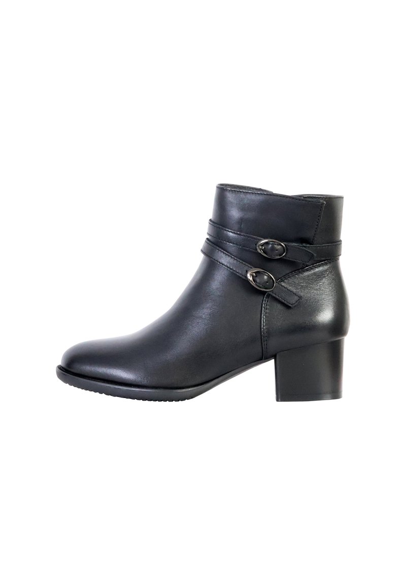 Black leather ankle boot with a rounded toe, low block heel, and two decorative straps featuring oval buckles on the side.