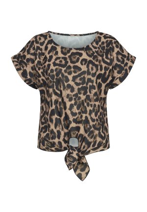 Top s krátkým rukávem v leopardím vzoru béžové a černé barvy. Měkký, lehký materiál se zapleteným detailem vpředu. Kulatý výstřih.