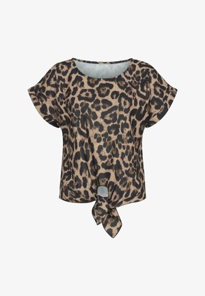 Top à manches courtes en imprimé léopard beige et noir. Matière douce et légère avec un détail noué à l'avant. Encolure ronde.
