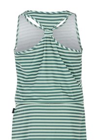 Groen-wit horizontaal gestreept mouwloos topje met racerback en stoflusdetail aan de bovenkant van de rug.