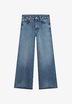 Light blue wide-leg jeans made of denim with a high waist, featuring five pockets, contrasting stitching, and frayed hem at the base.