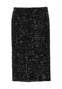 Jupe crayon noire pailletée avec une texture lisse, arrivant au genou, dotée d'une fente à l'arrière pour plus de liberté de mouvement. Des paillettes brillantes recouvrent uniformément la surface.